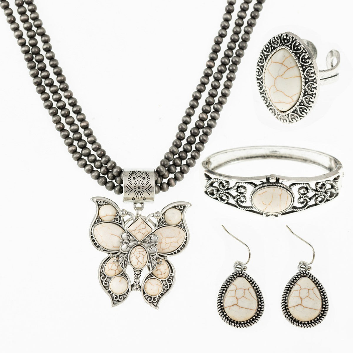 Vintage Butterfly Beaded Necklace, Bracelet & Earring Set