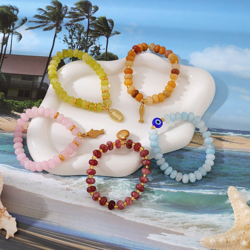 Boho Multi-Color Chalcedony Fish Charm Bracelet Set