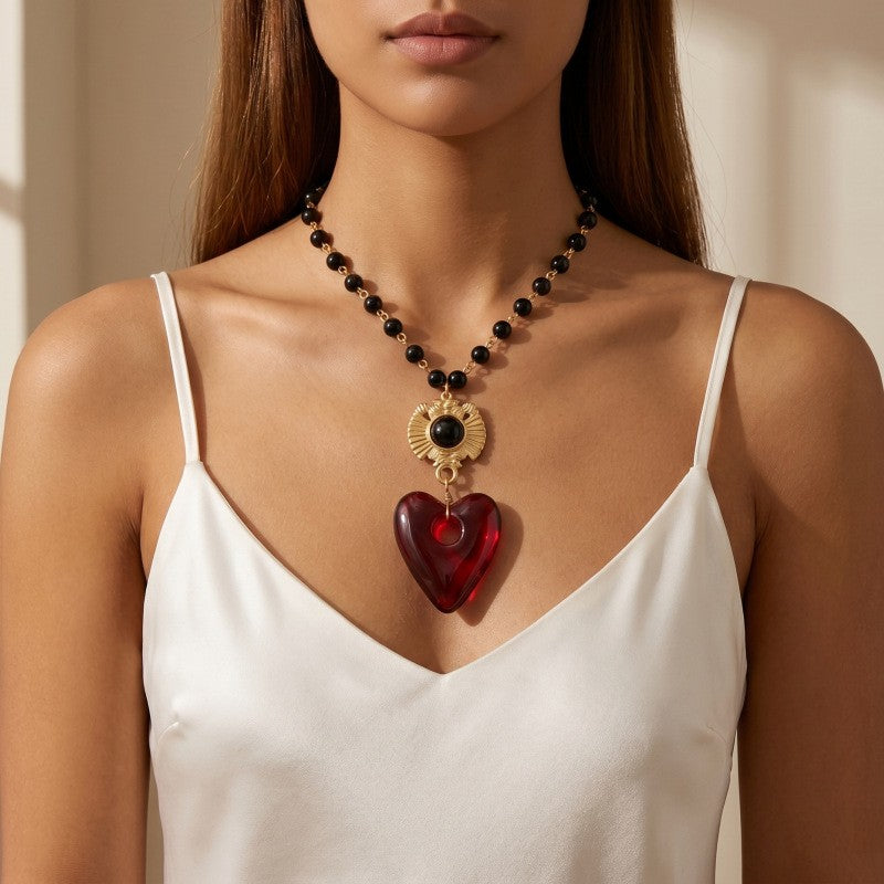 Romantic Red Glass Heart Beaded Necklace