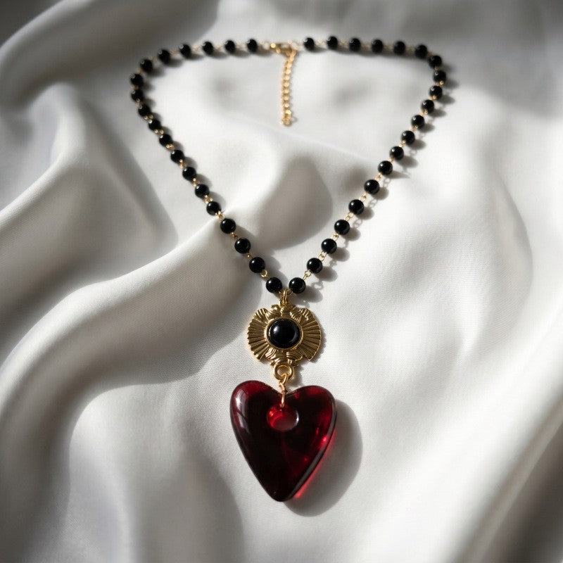 Romantic Red Glass Heart Beaded Necklace