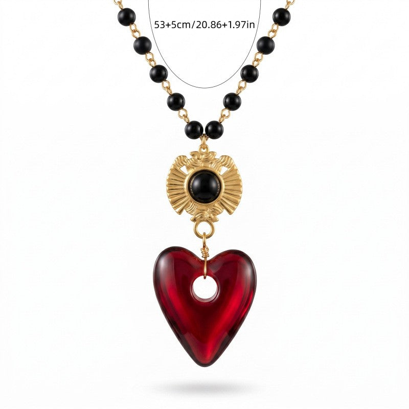 Romantic Red Glass Heart Beaded Necklace