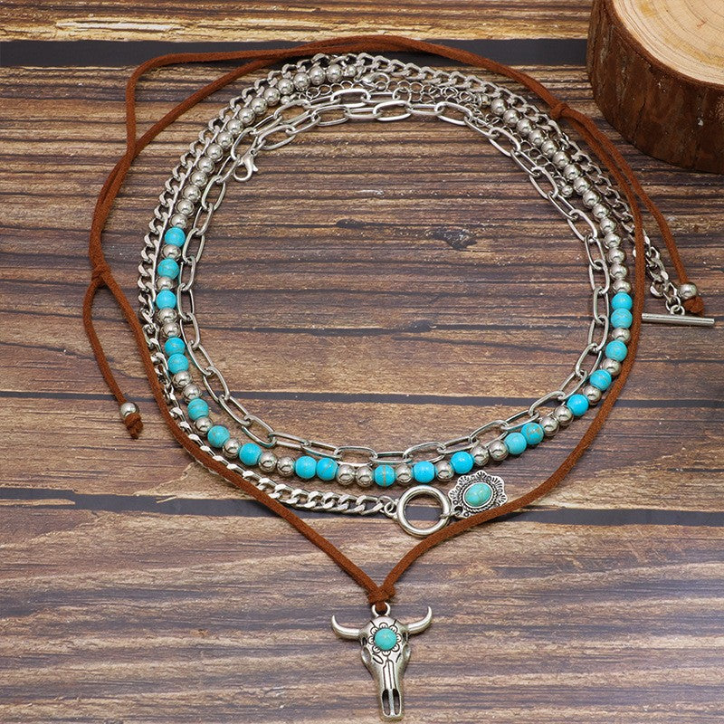 Boho Turquoise Bull Skull Layered Necklace