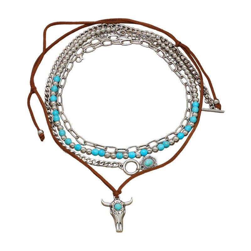 Boho Turquoise Bull Skull Layered Necklace
