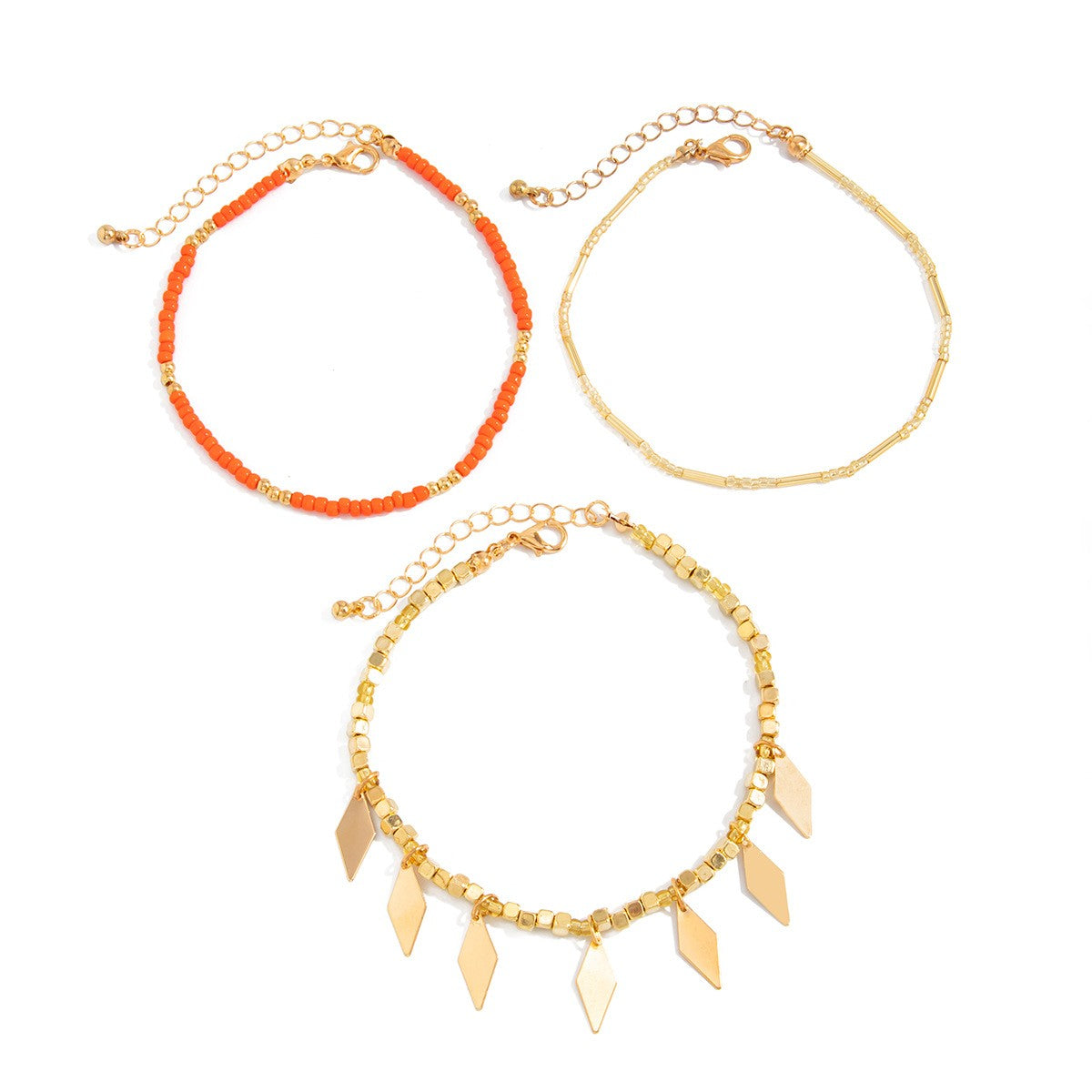 Boho Geometric Charm Seed Bead Anklet Set