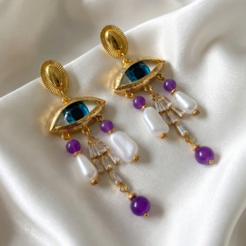 Boho Evil Eye Faux Pearl Drop Earrings