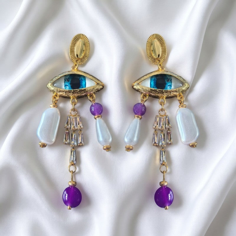 Boho Evil Eye Faux Pearl Drop Earrings
