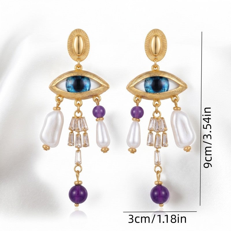 Boho Evil Eye Faux Pearl Drop Earrings