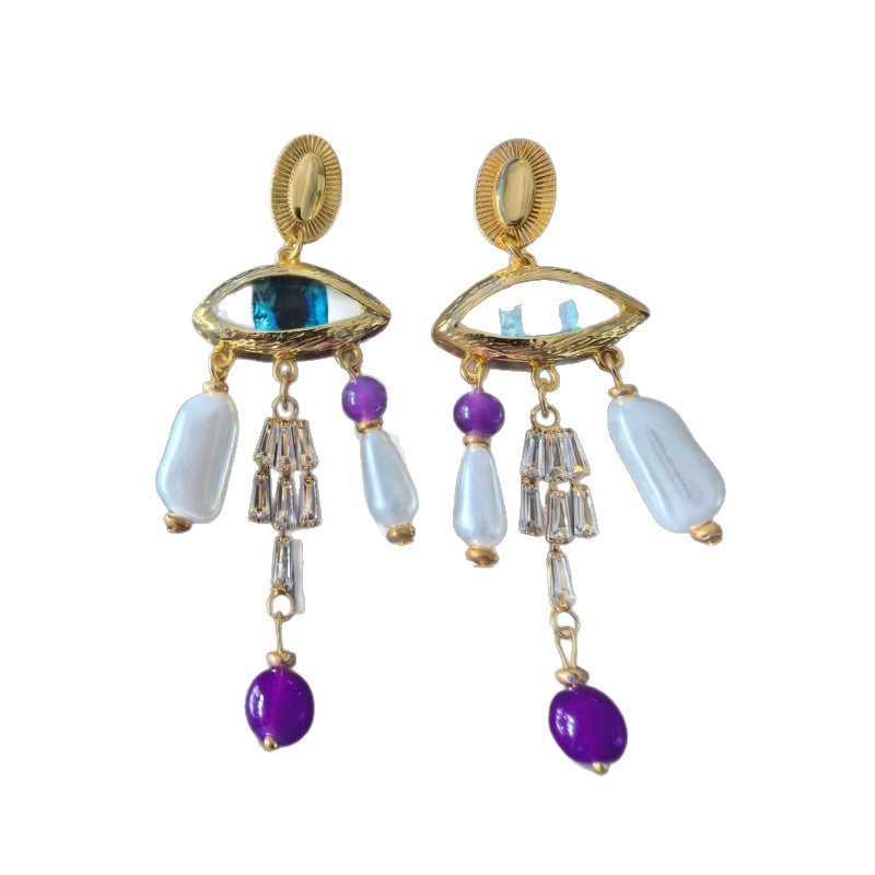 Boho Evil Eye Faux Pearl Drop Earrings