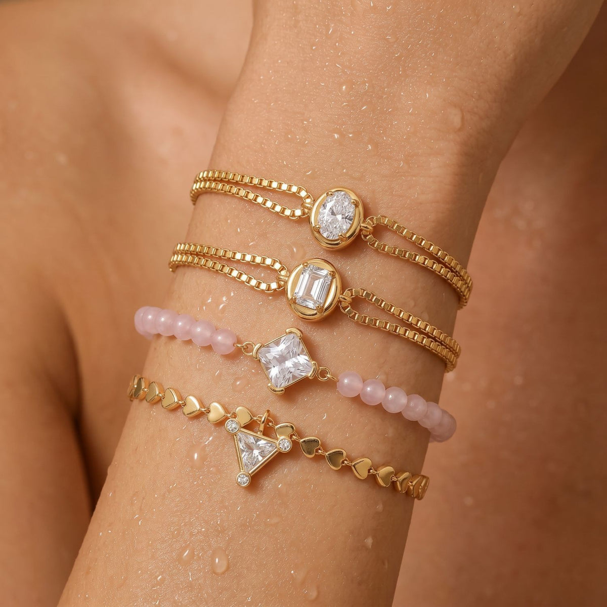 4pc Dainty Geometric & Heart CZ Bracelet Set