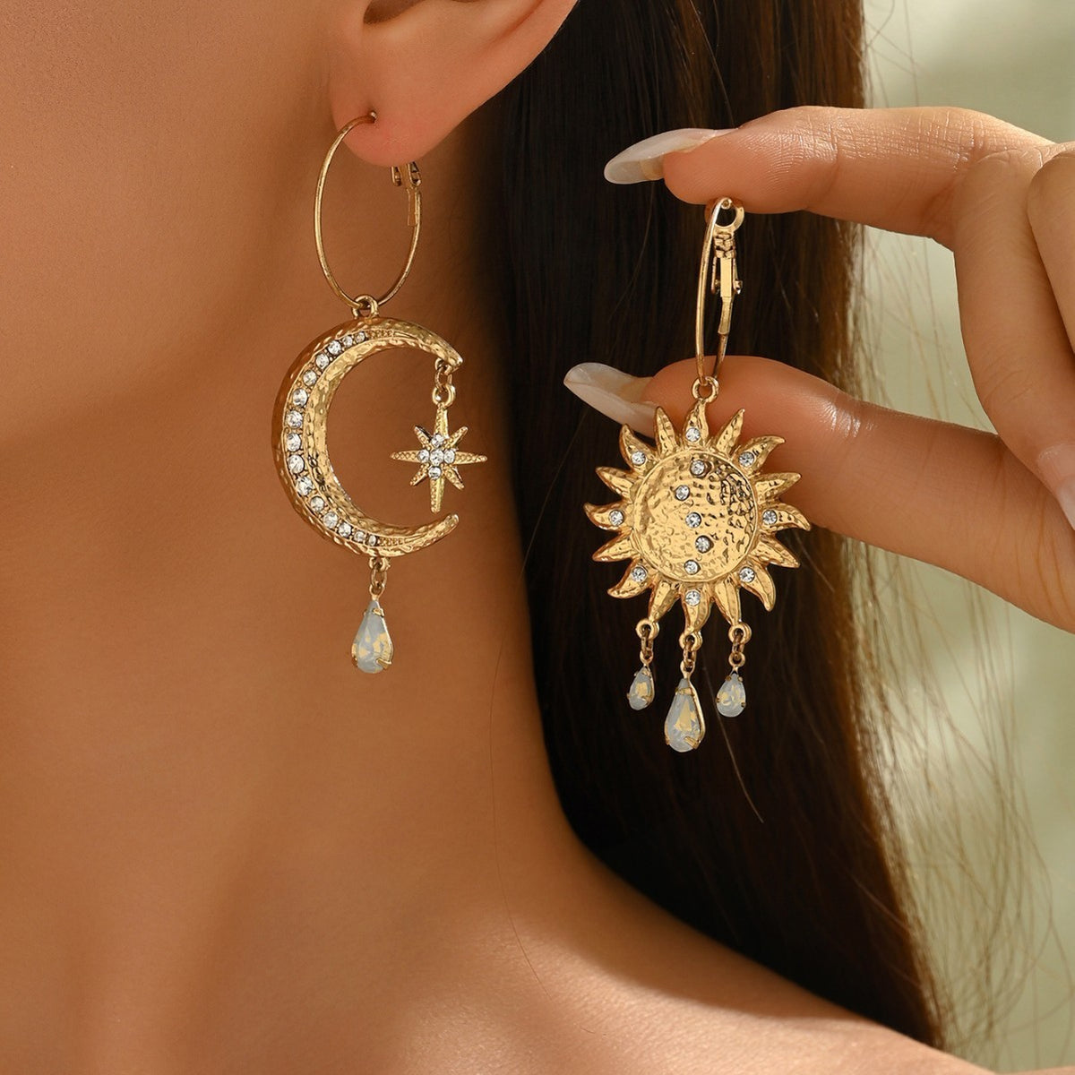 Boho Asymmetric Sun Moon Drop Earrings