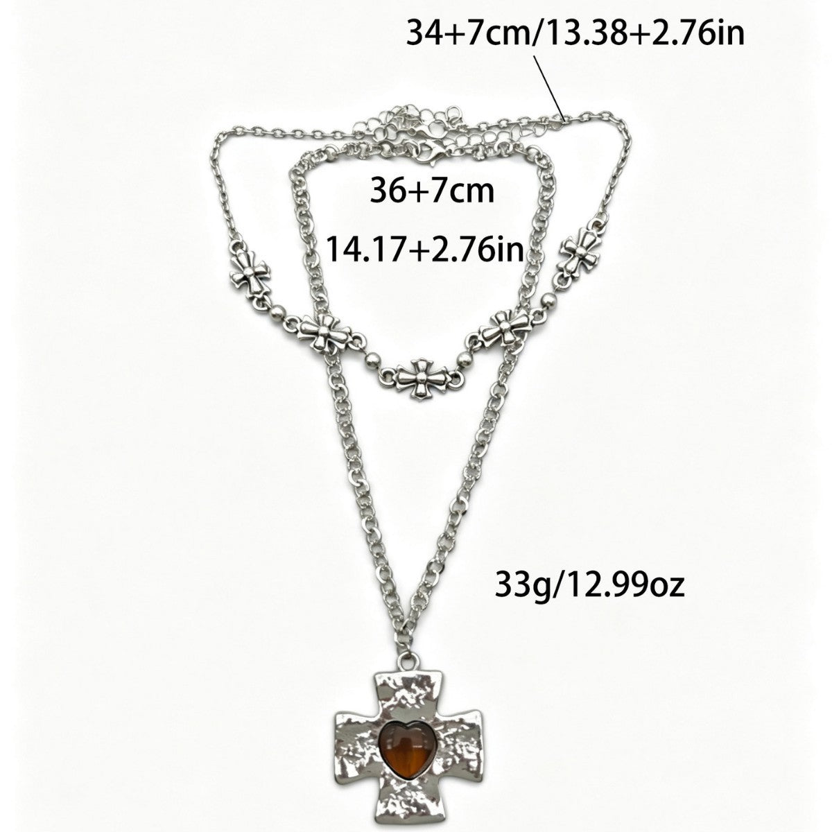Vintage Amber Heart Cross Layered Necklace
