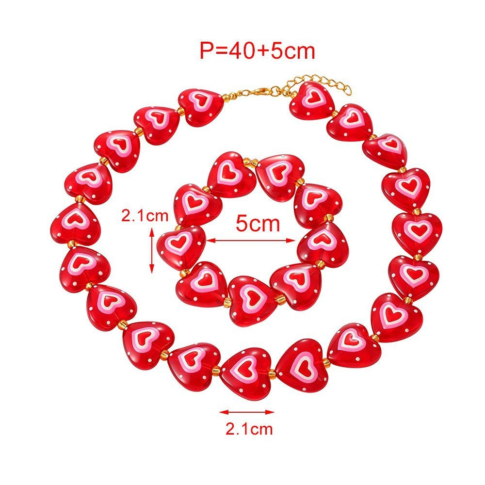 Romantic Red Polka Dot Heart Necklace Bracelet Set