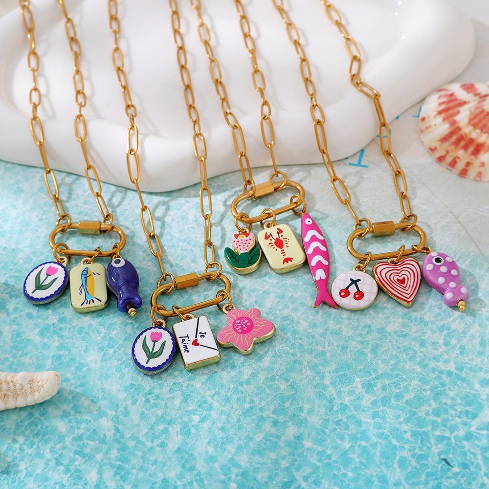 Playful Enamel Fish & Heart Charm Necklace