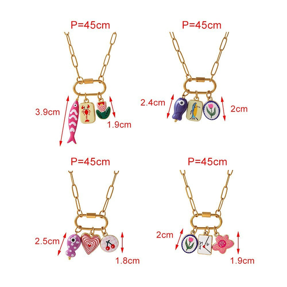 Playful Enamel Fish & Heart Charm Necklace