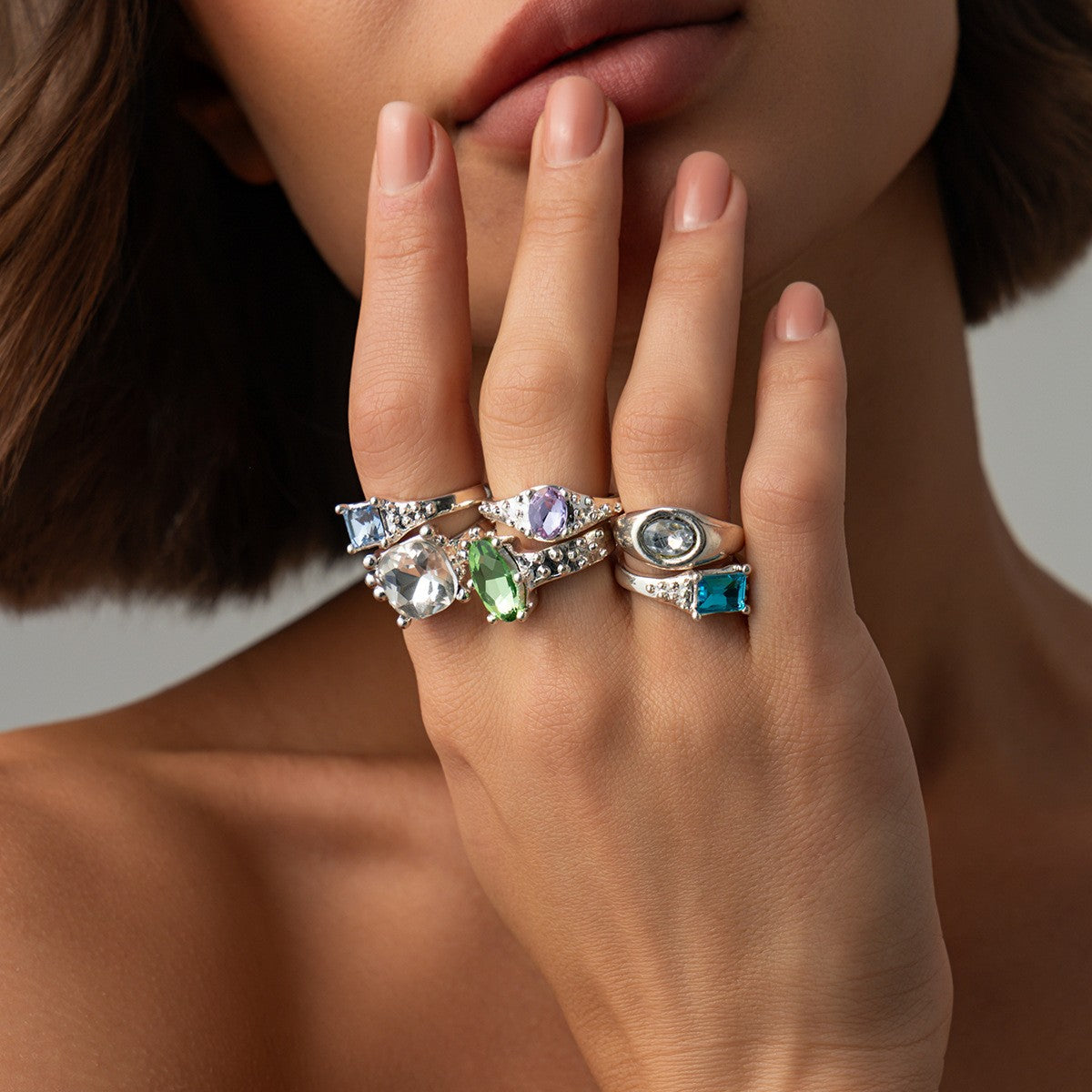 Classy Multicolor Geometric Gemstone Ring Set