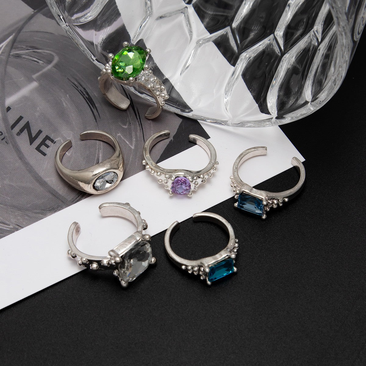 Classy Multicolor Geometric Gemstone Ring Set