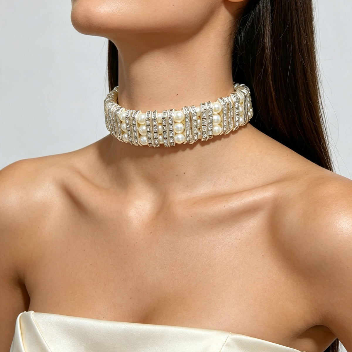 Classy Faux Pearl Rhinestone Wide Choker Necklace