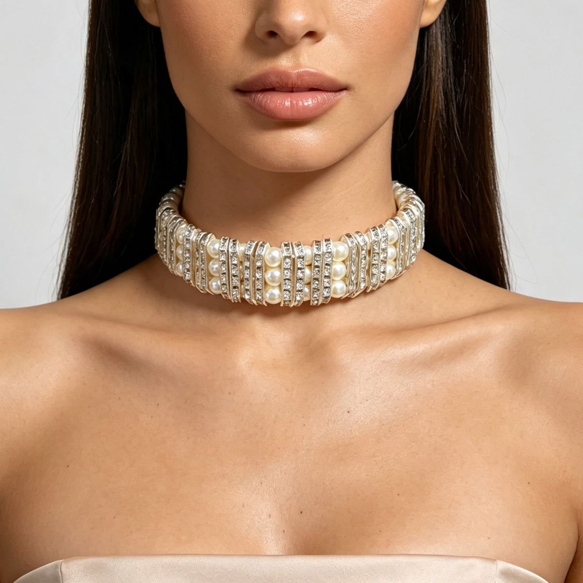 Classy Faux Pearl Rhinestone Wide Choker Necklace