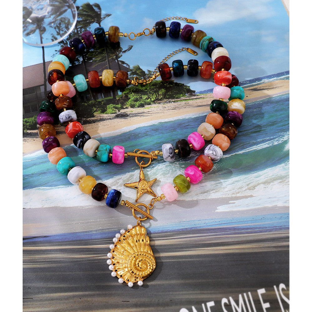 Boho Rainbow Resin Bead Starfish Shell Necklace