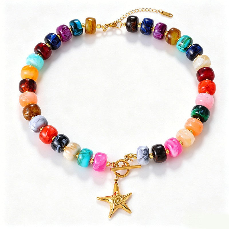 Boho Rainbow Resin Bead Starfish Shell Necklace