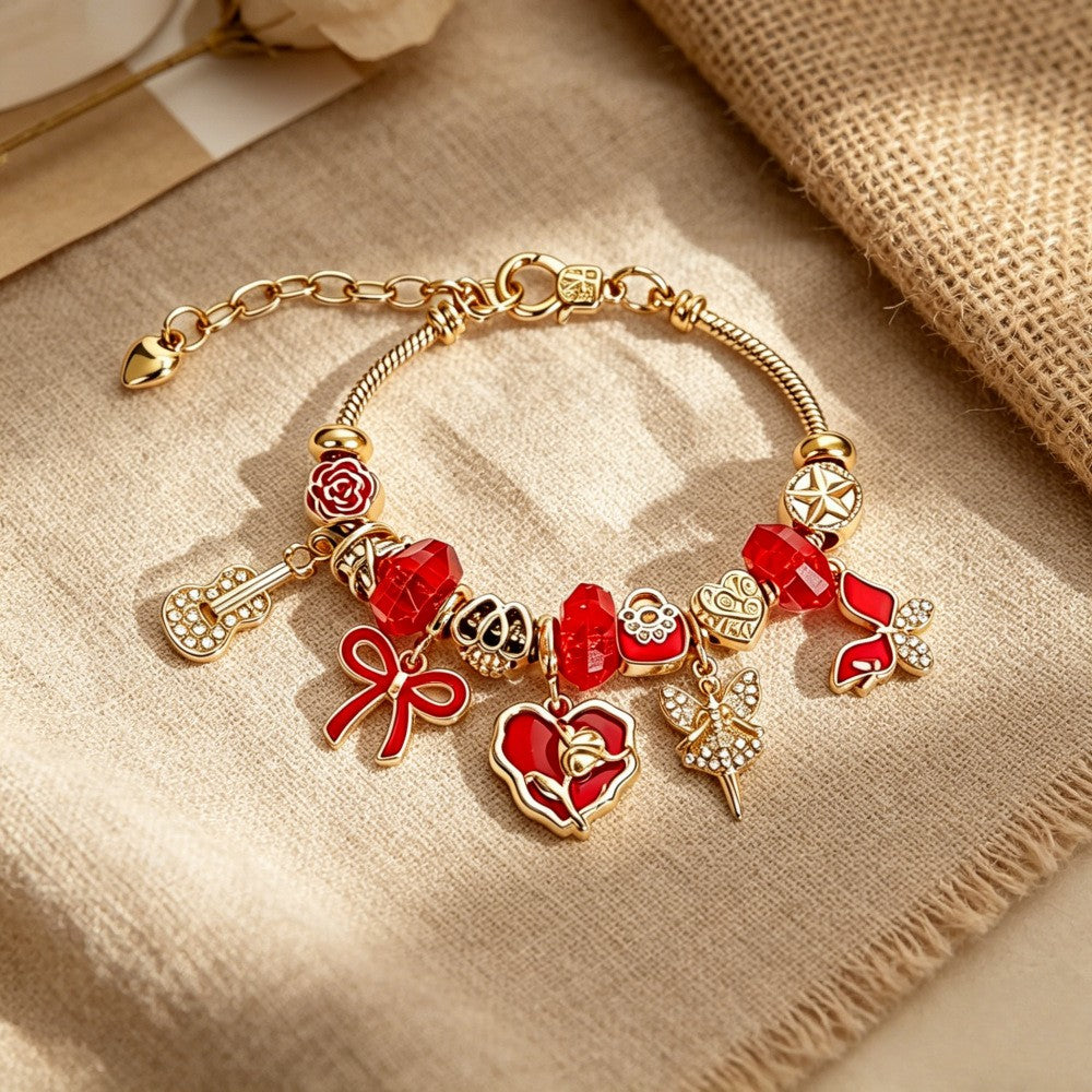 Romantic Red Enamel Heart Charm Bracelet