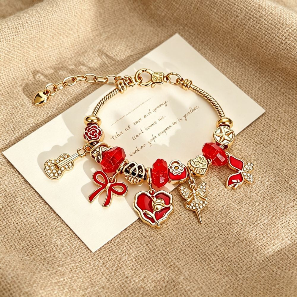 Romantic Red Enamel Heart Charm Bracelet