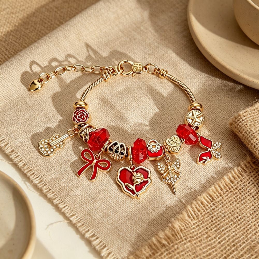 Romantic Red Enamel Heart Charm Bracelet
