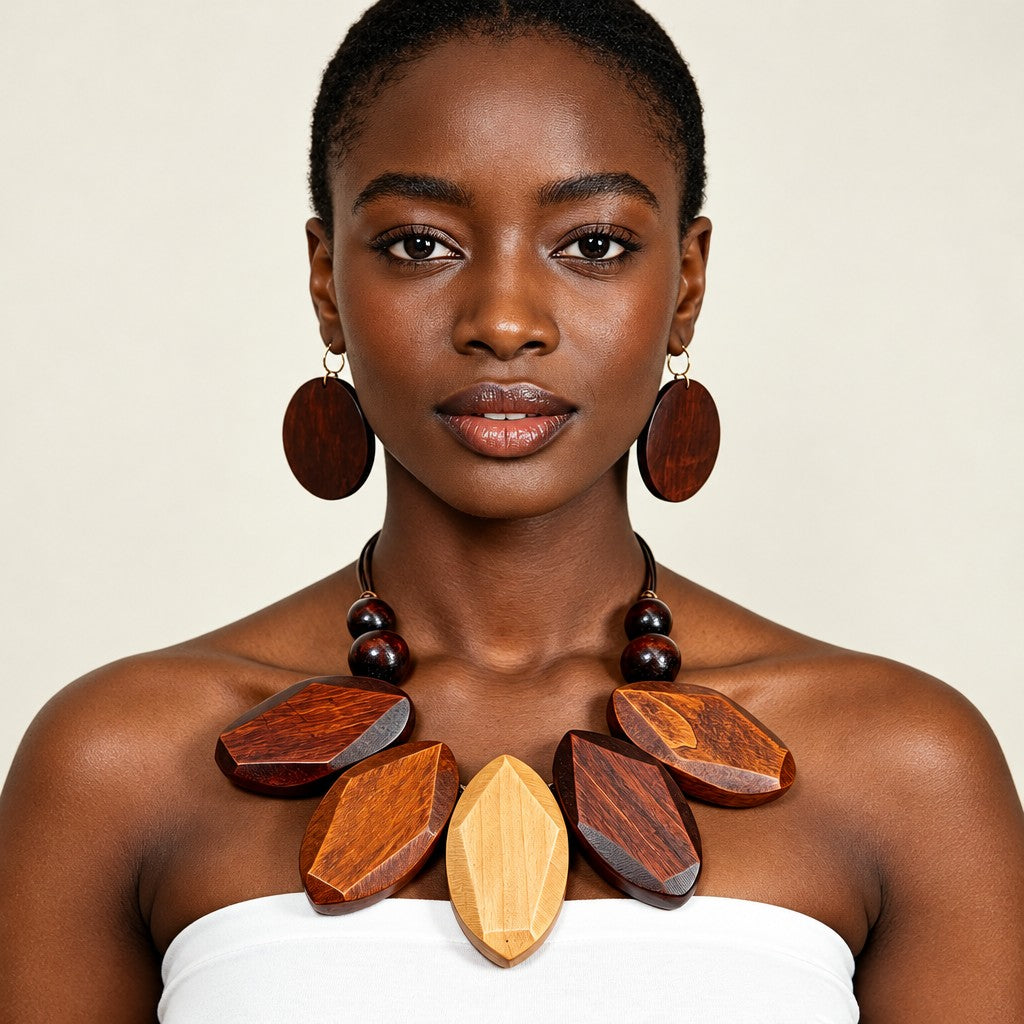 Vintage Geometric Wood Necklace & Earring Set