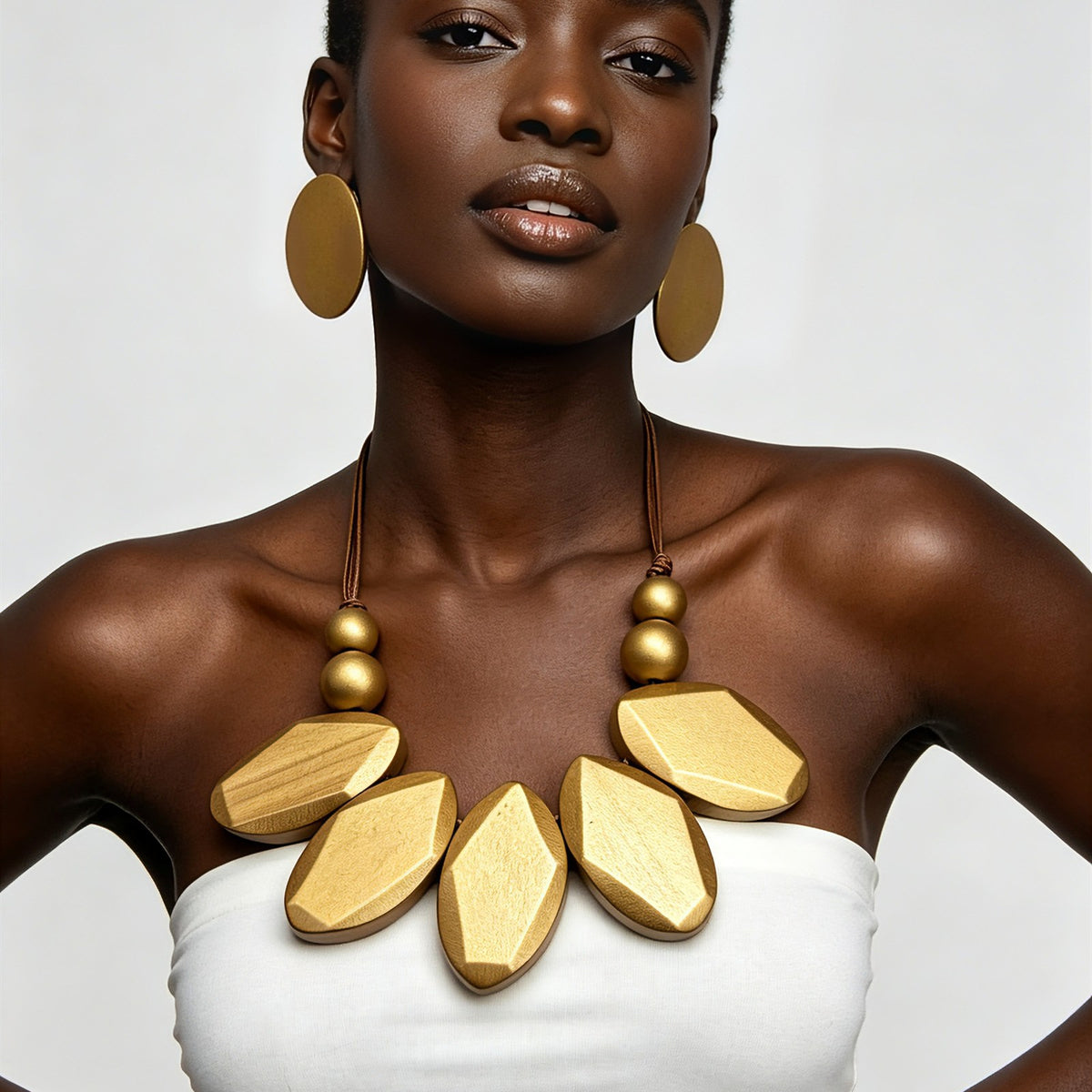 Vintage Geometric Wood Necklace & Earring Set