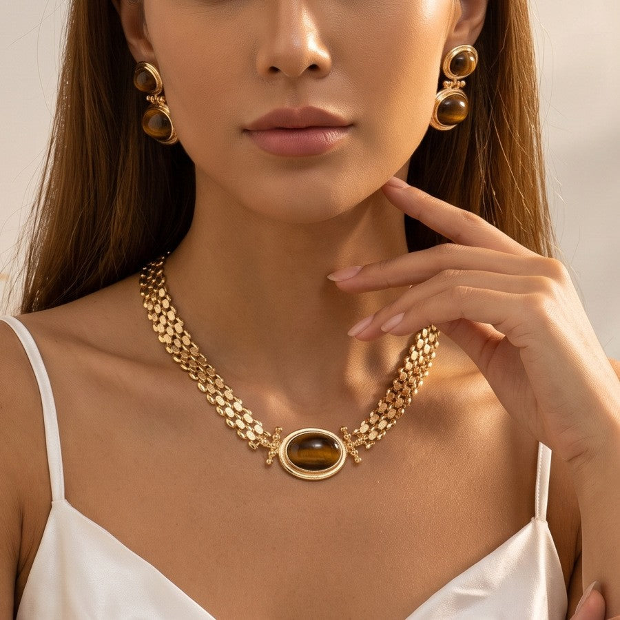 Classy Tiger Eye Bike Chain Necklace & Earring Set