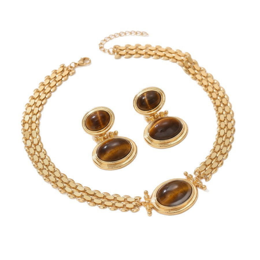 Classy Tiger Eye Bike Chain Necklace & Earring Set