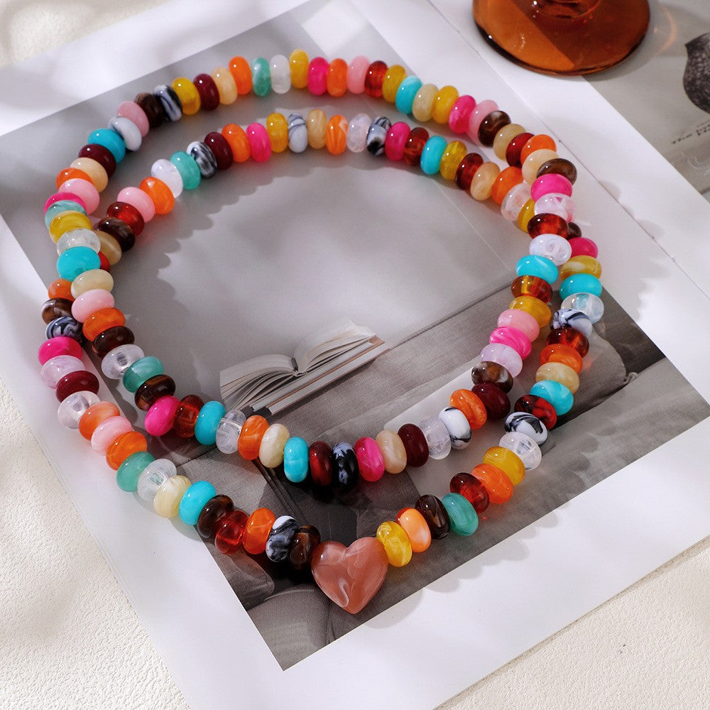 Boho Multi-Color Resin Bead Heart Necklace