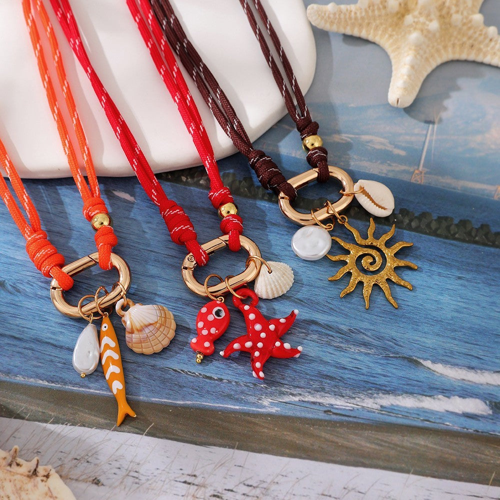Boho Red Cord Starfish & Sun Necklace