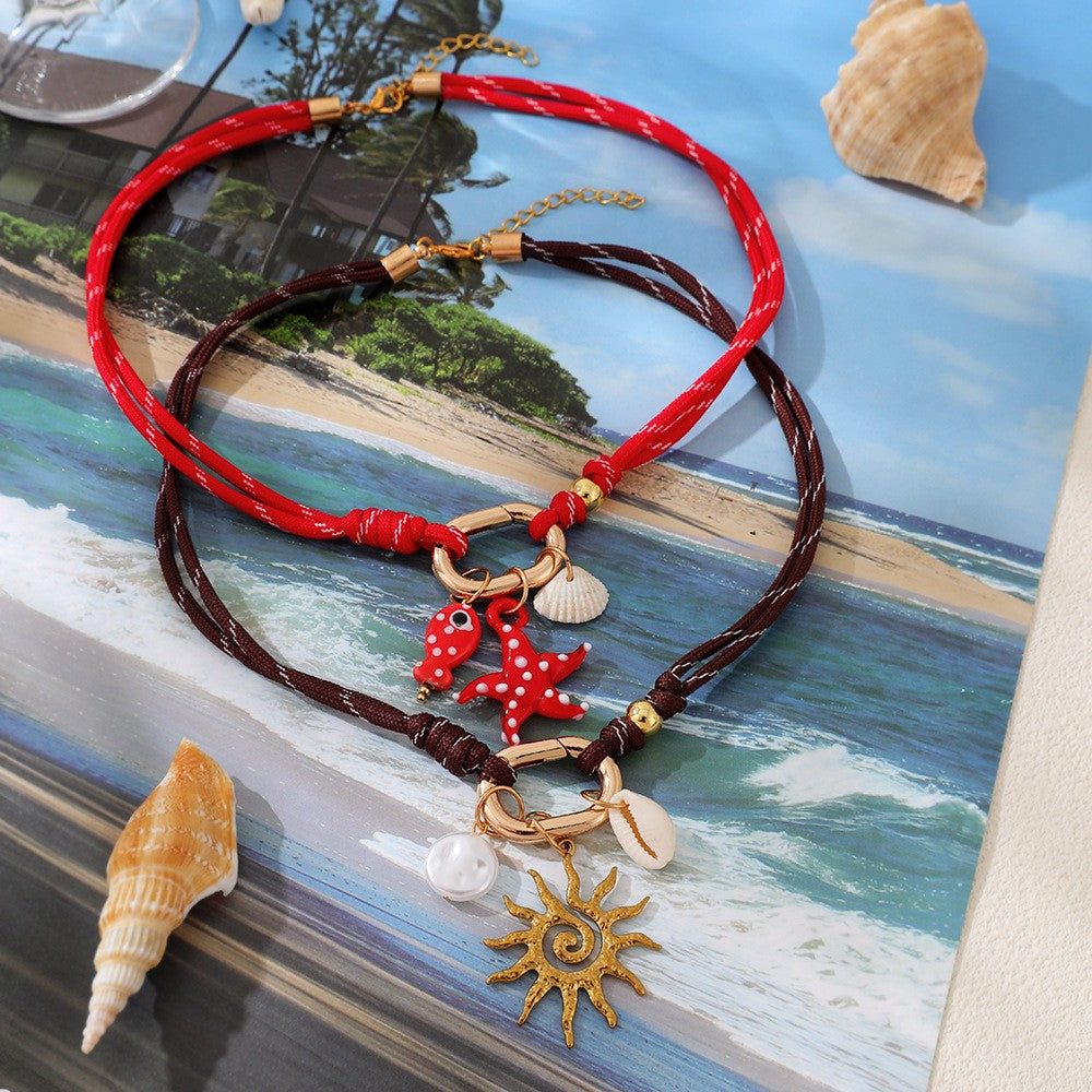 Boho Red Cord Starfish & Sun Necklace