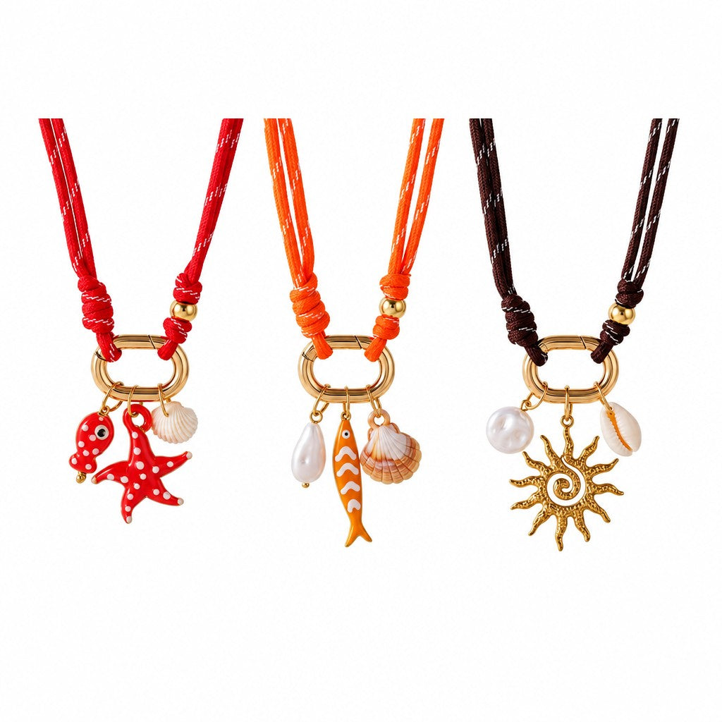 Boho Red Cord Starfish & Sun Necklace