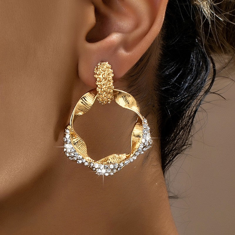 Classy Textured Geometric Rhinestone Hoop Earrings