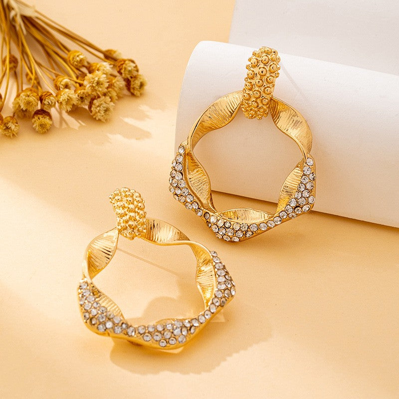 Classy Textured Geometric Rhinestone Hoop Earrings