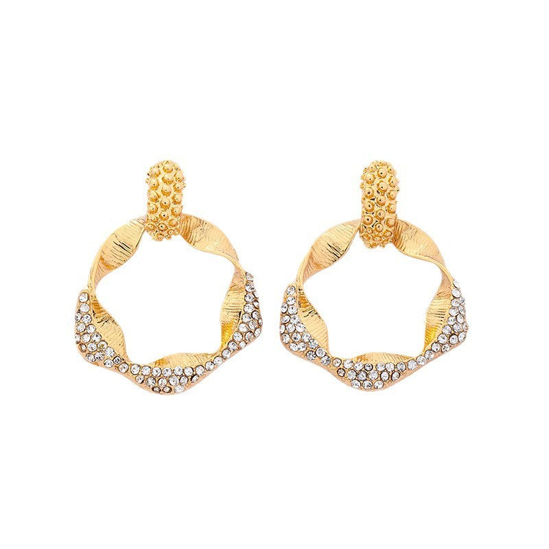 Classy Textured Geometric Rhinestone Hoop Earrings