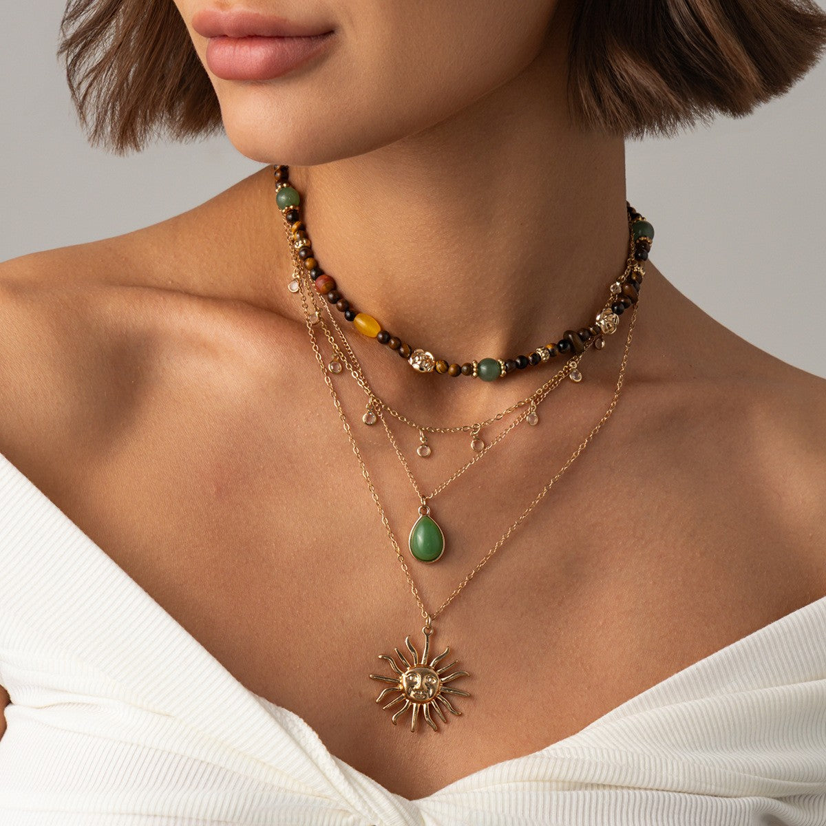 Boho Beaded Sun & Teardrop Layered Necklace