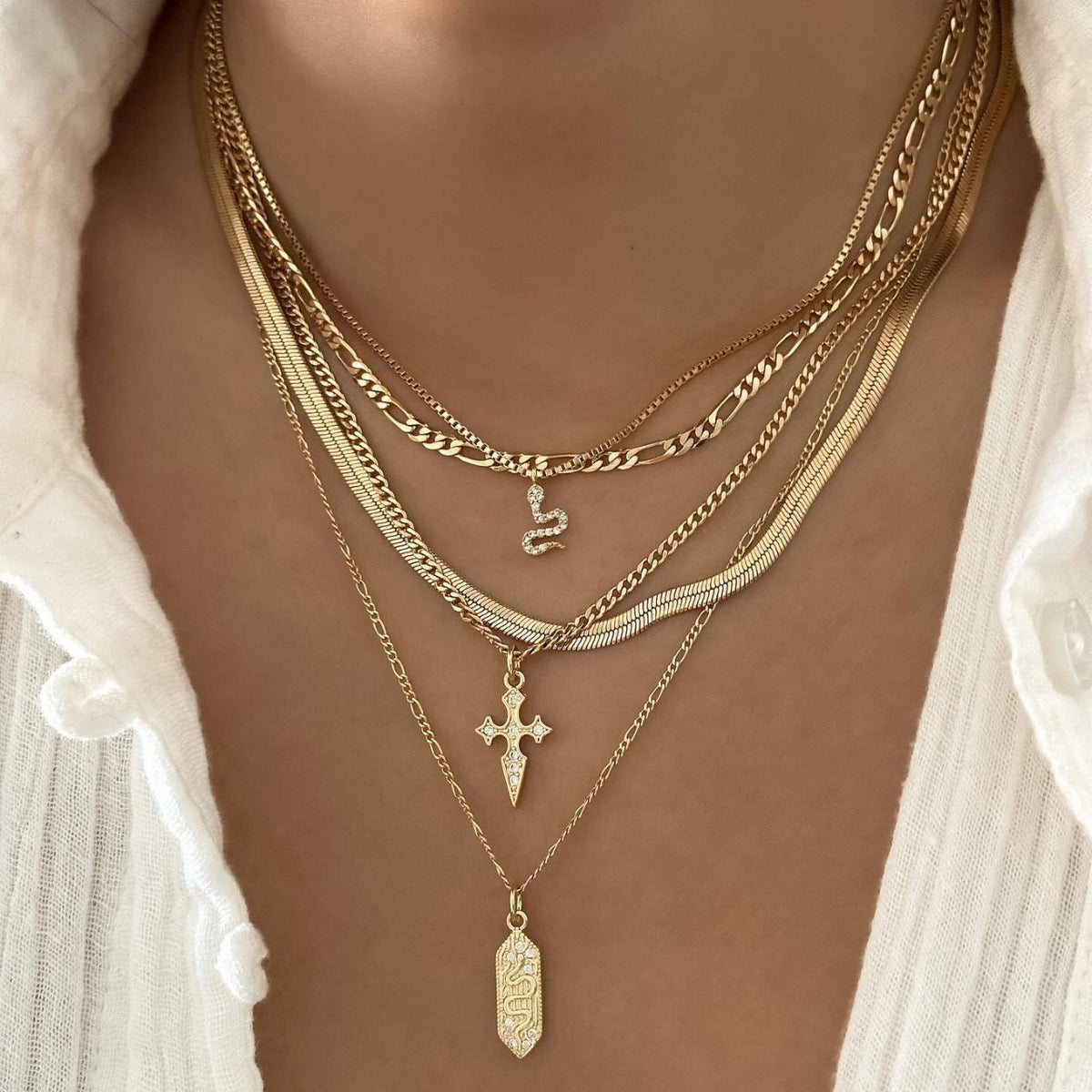 Classy Multi-Layer Snake & Cross Necklace