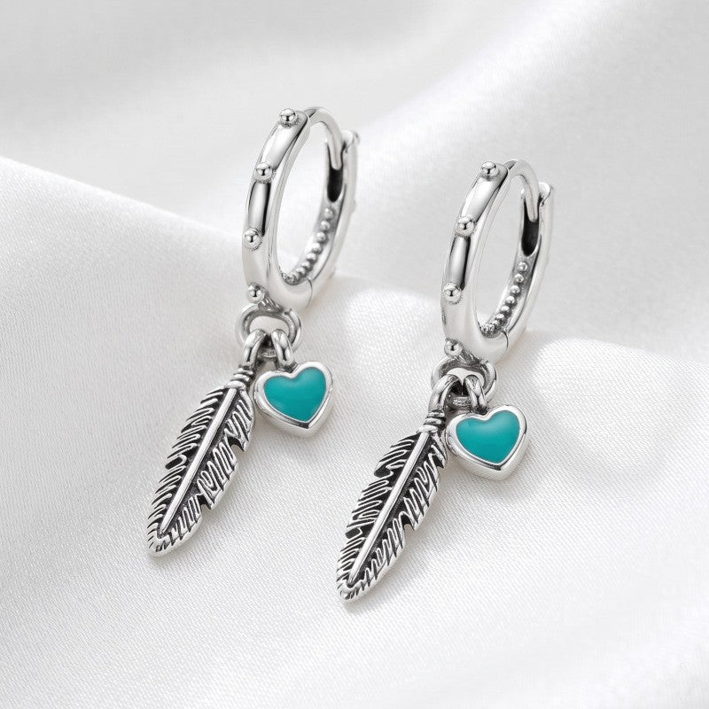 Boho Turquoise Heart Leaf Huggie Earrings