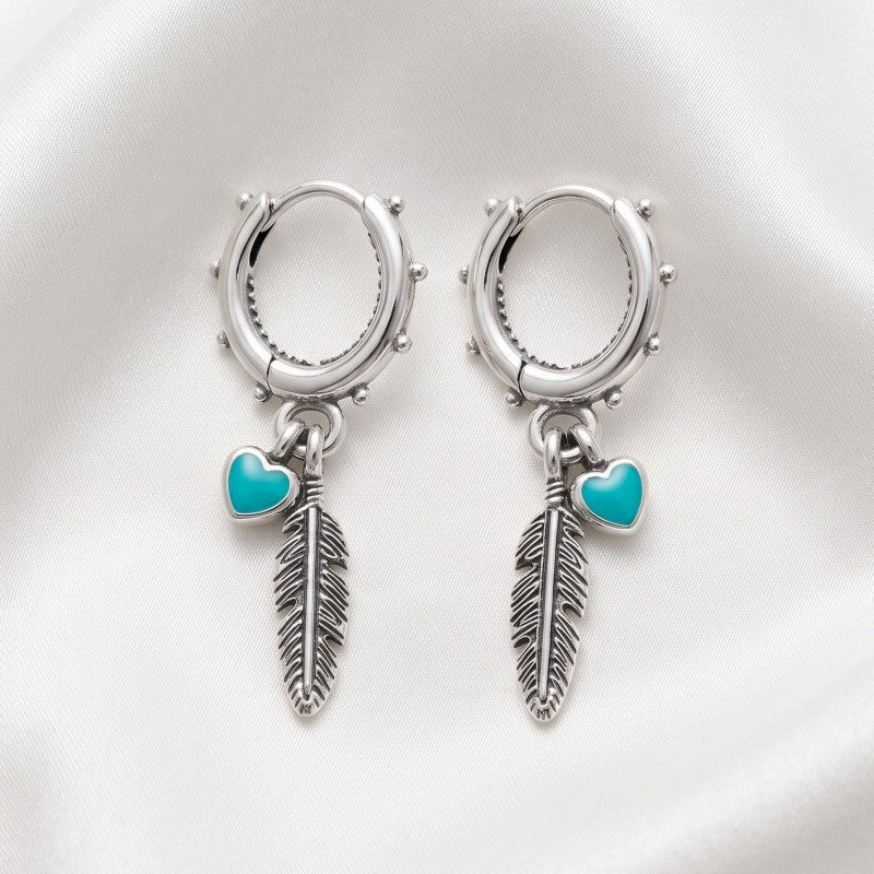 Boho Turquoise Heart Leaf Huggie Earrings
