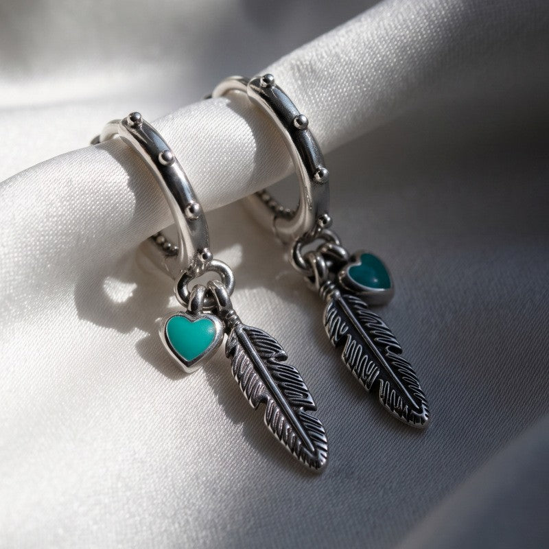 Boho Turquoise Heart Leaf Huggie Earrings