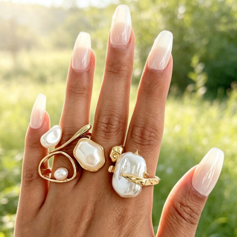 Classy Baroque Pearl Geometric Ring Set