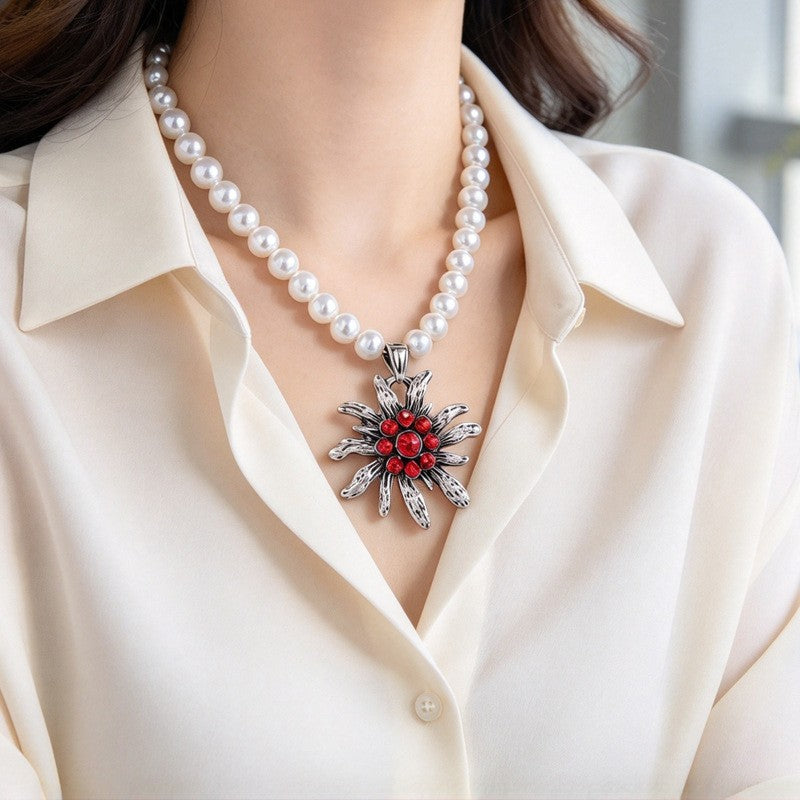 Vintage Inspired Edelweiss Faux Pearl Necklace