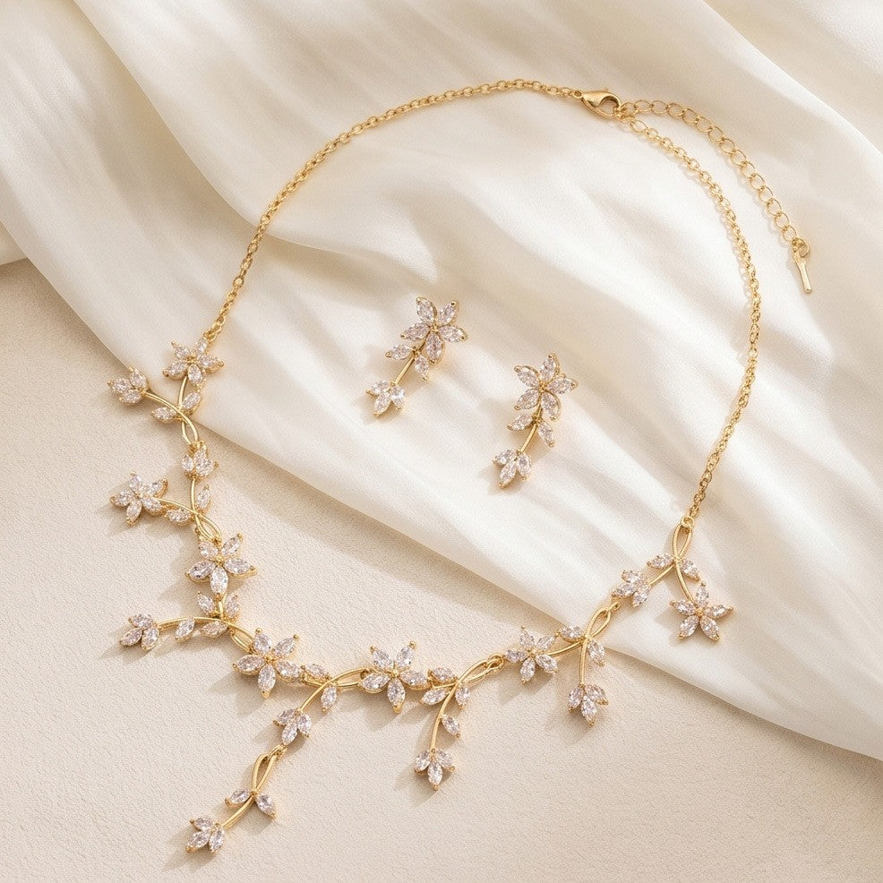 Romantic Floral Zirconia Necklace & Earring Set