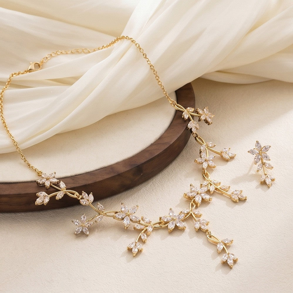 Romantic Floral Zirconia Necklace & Earring Set