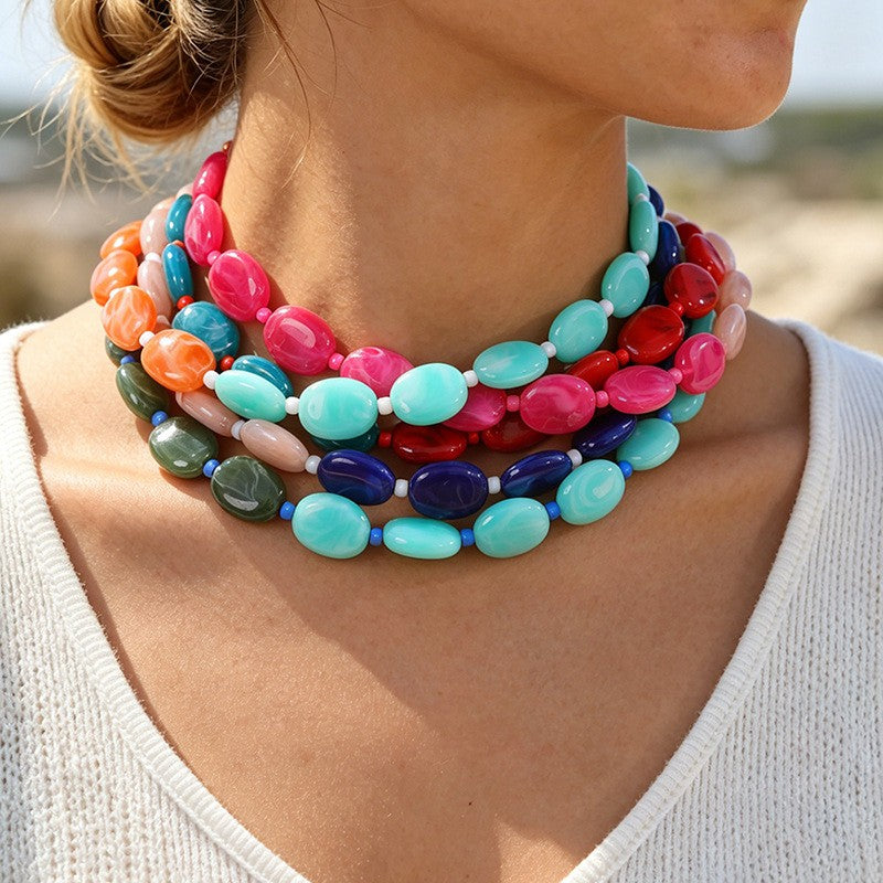 Boho Multicolor Resin Oval Bead Necklace