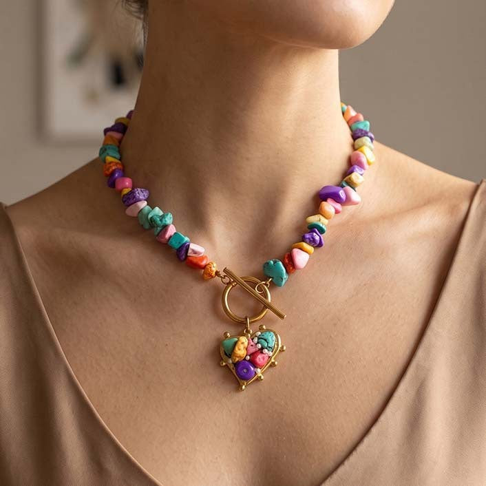Boho Colorful Stone Heart OT Necklace
