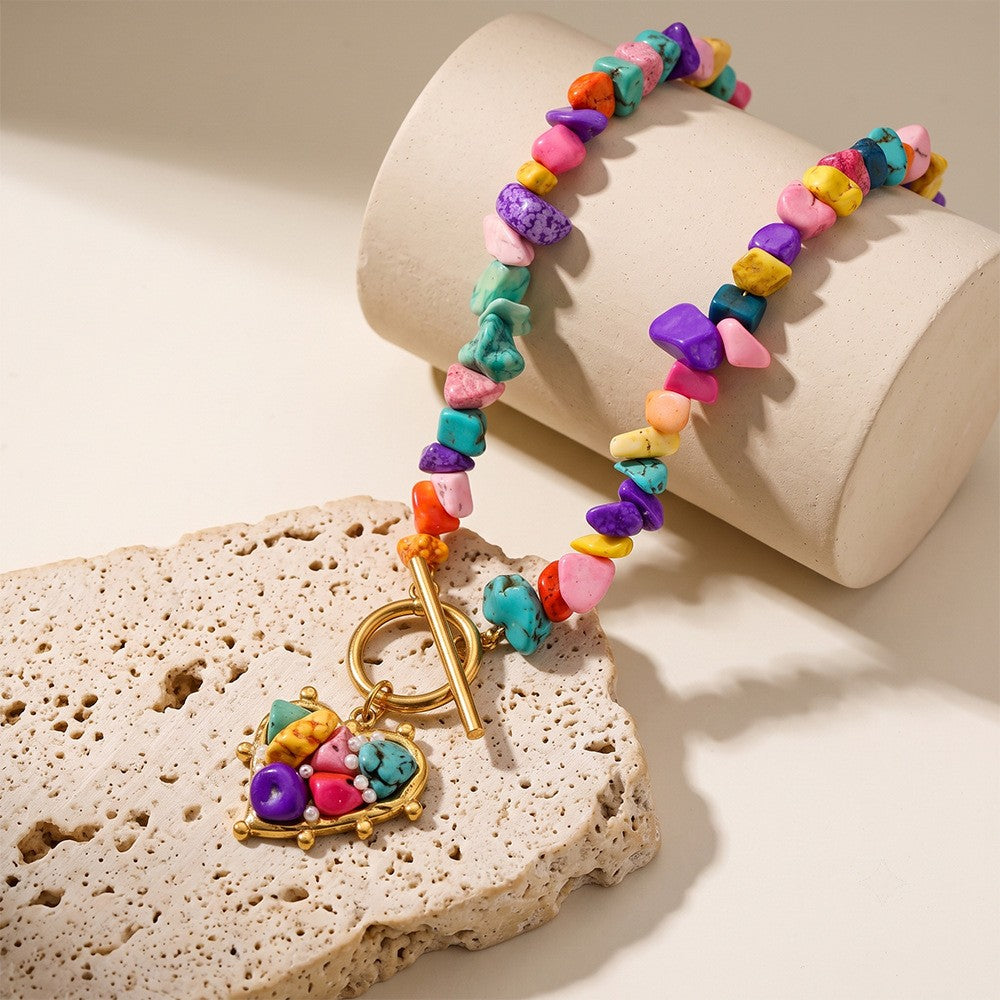 Boho Colorful Stone Heart OT Necklace